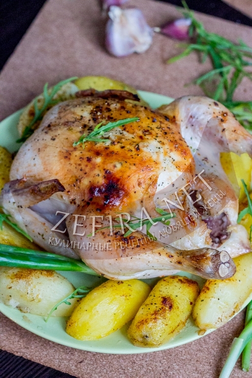 Курица, запечённая целиком с картошкой в духовке - рецепт и фото