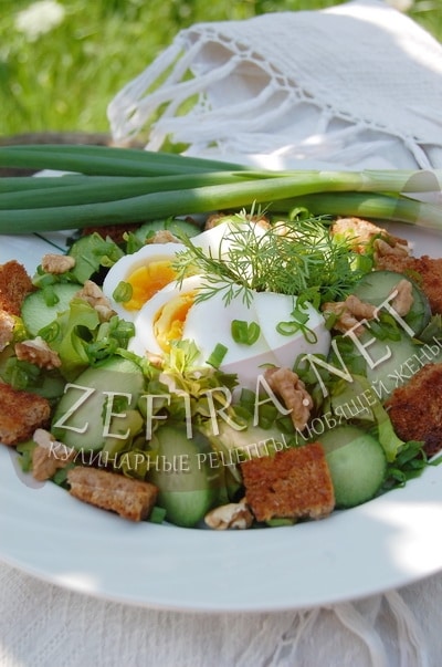 Салат из огурцов, яиц и зеленого лука с сухариками - рецепт и фото