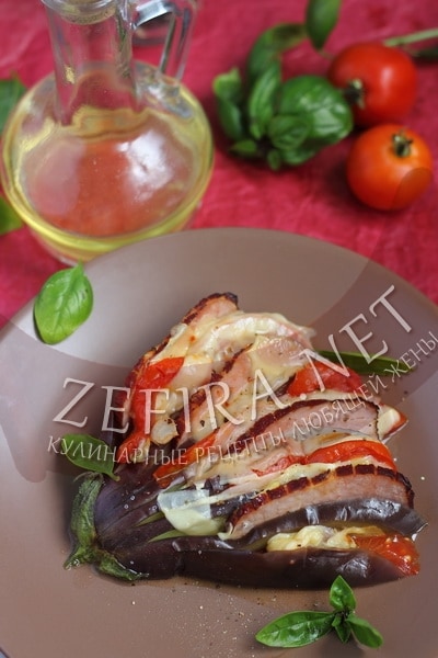 Веер из баклажан с помидорами, сыром и ветчиной в духовке - рецепт и пошаговые фото