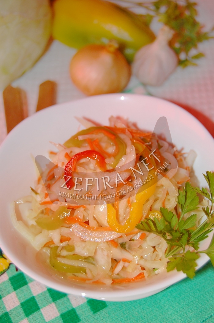 Простой рецепт маринованного салата из капусты с овощами с фото