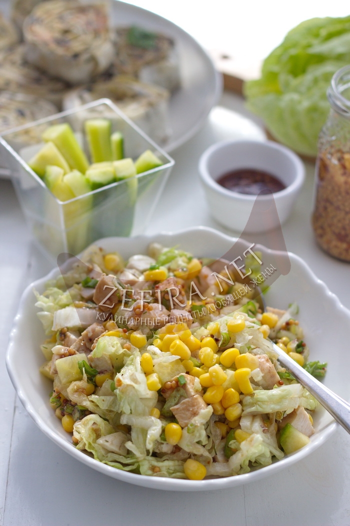 Вкусный салат из пекинской капусты с курицей и кукурузой – рецепт без майонеза с фото